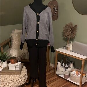 Gray and Black Cardigan with Gold Buttons paired with Black dress pants size 10